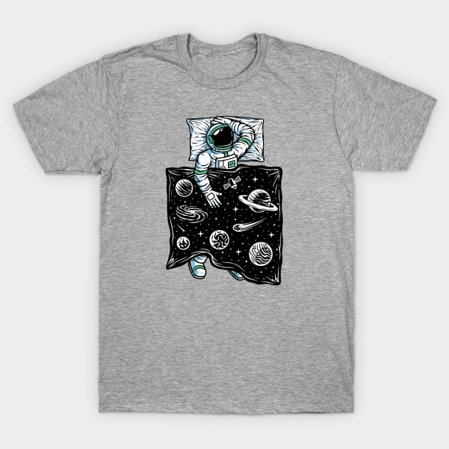 Dreaming of Outer Space // Funny Astronaut Sleeping with Universe Bed Sheets T-Shirt by SLAG_Creative